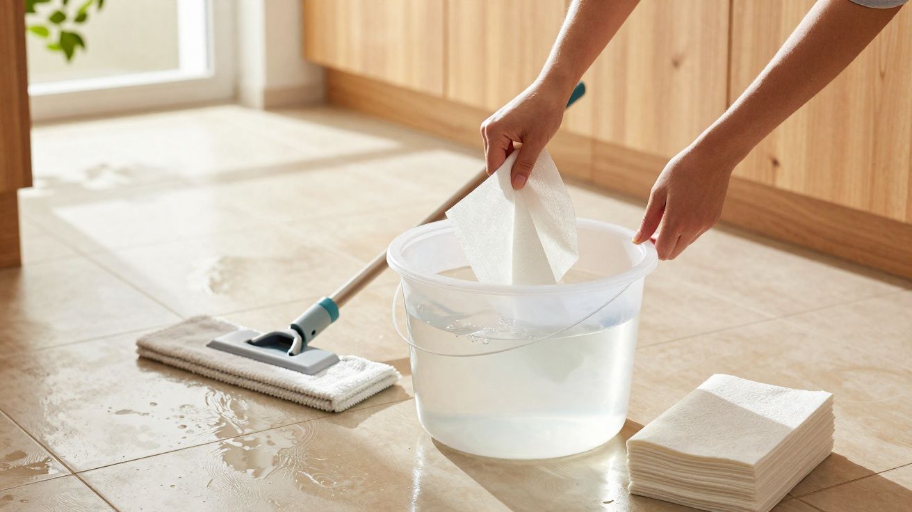 Pessoa molhando pano em balde com água para limpeza de piso com esfregão em ambiente interno iluminado.