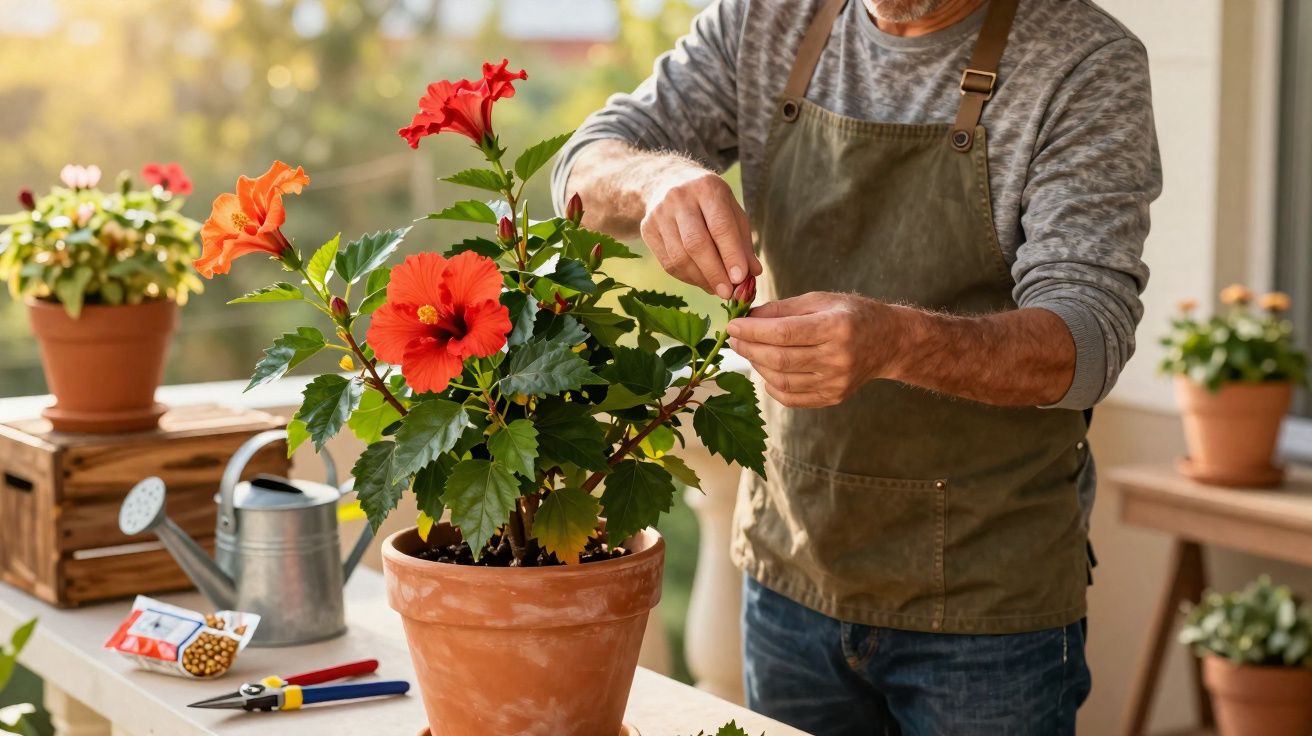 Homem cuidando de flores vermelhas em vaso de barro em ambiente interno iluminado.