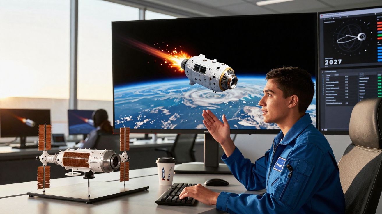 Jovem astronauta em escritório observa simulação em tela de cápsula espacial reentrando à Terra.