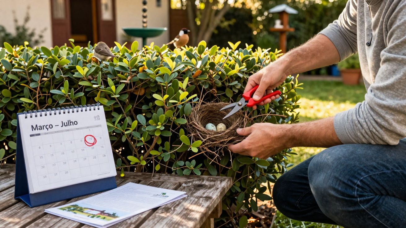 Pessoa removendo ninho com ovos de pássaros de arbusto próximo a calendário marcando data em jardim.