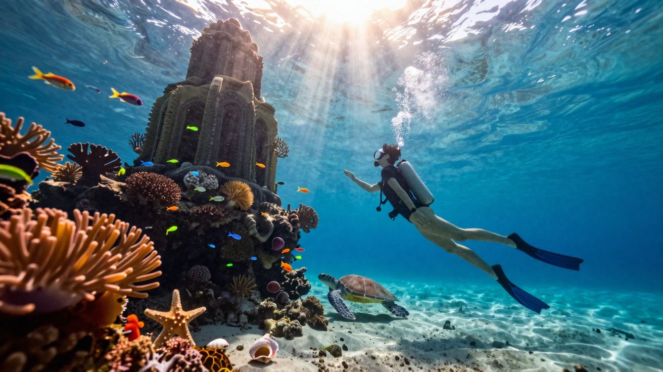 Mergulhador explorando recife de corais coloridos com peixes e tartaruga marinha sob luz do sol na água clara.