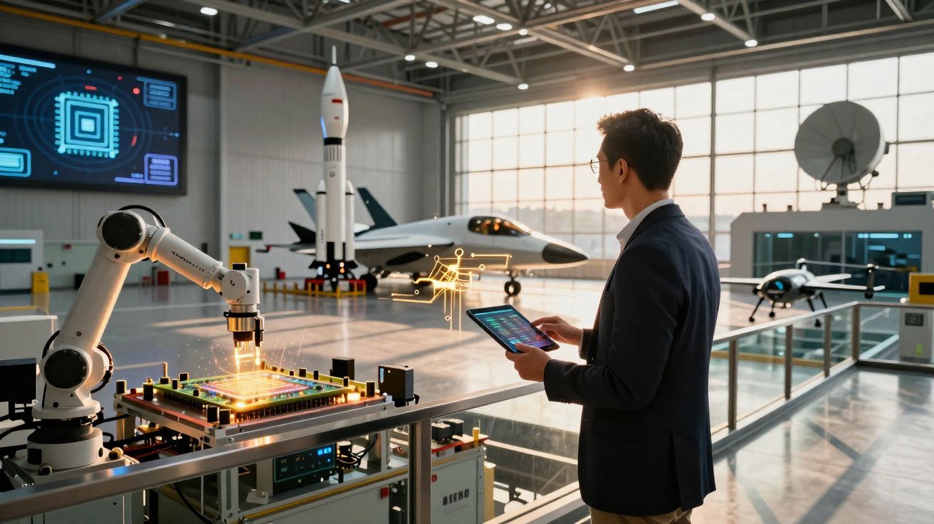 Homem usando tablet observa braço robótico montando chip em laboratório aeroespacial moderno.