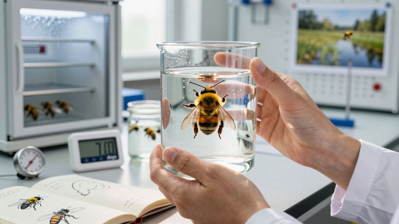 Pessoa segurando copo com abelha dentro em laboratório de apicultura.