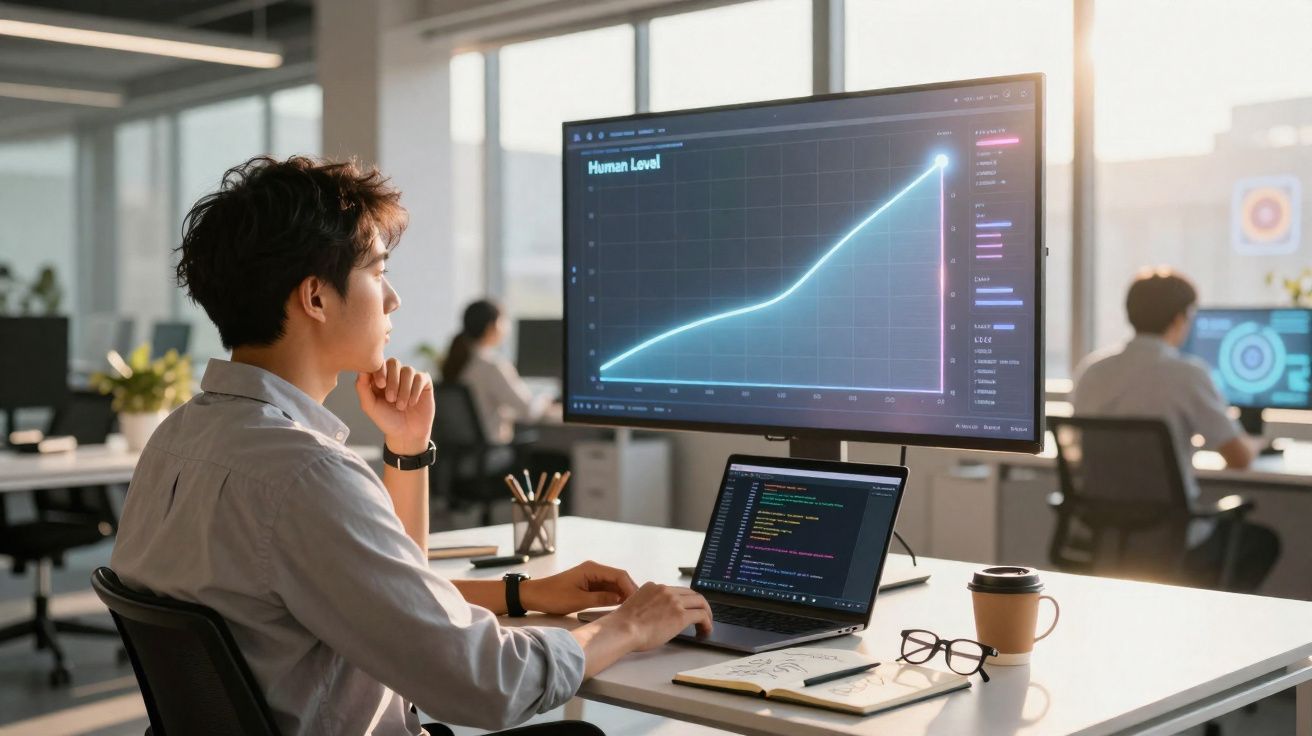 Homem jovem trabalhando em escritório com laptop e gráfico crescente exibido em monitor grande.