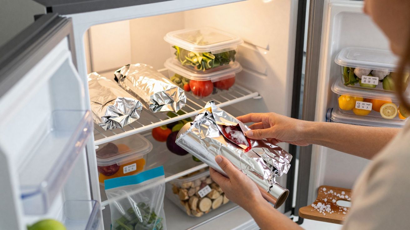 Mãos guardando comida enrolada em papel alumínio em geladeira organizada com potes e alimentos frescos.