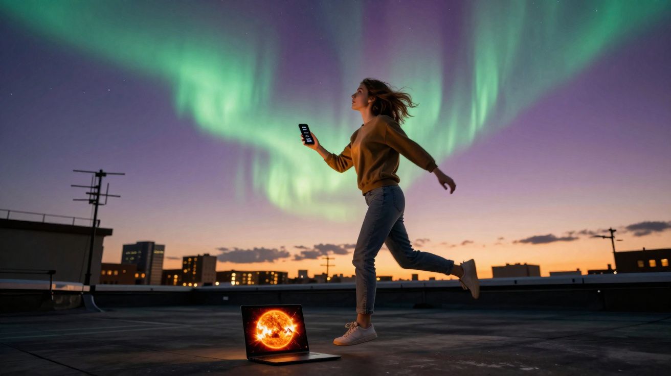 Mulher pulando com celular na mão sob aurora boreal, com laptop aberto no chão em um terraço urbano.