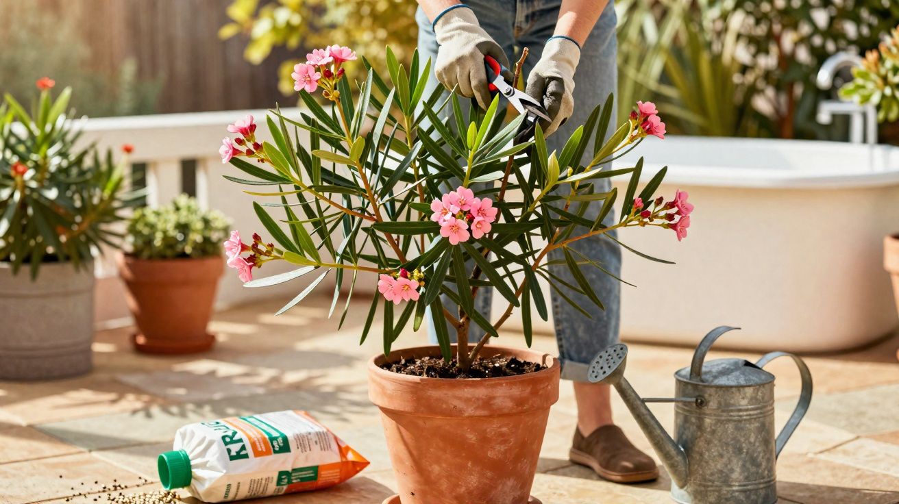 Pessoa podando planta com flores cor-de-rosa em vaso de barro, ao lado regador e saco de adubo.