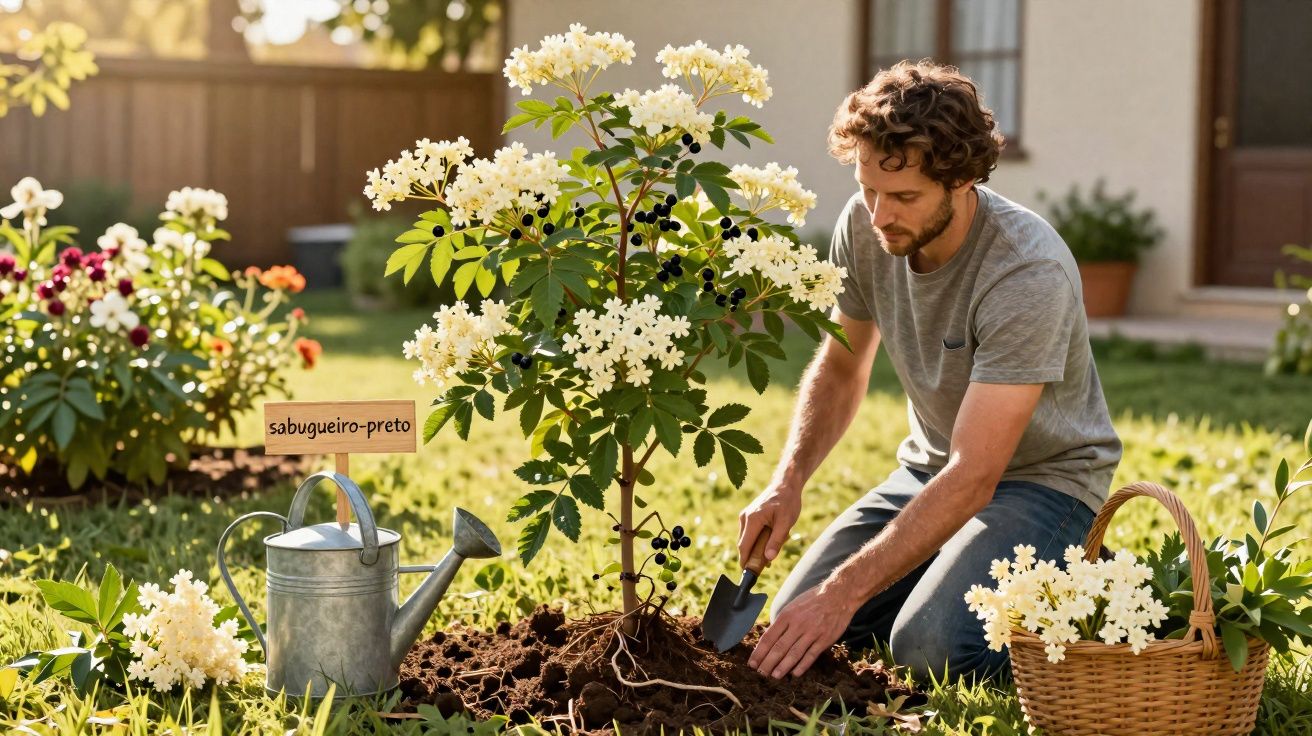 Homem jardineiro plantando sabugueiro-preto em jardim ensolarado com regador e cesta de flores ao lado.