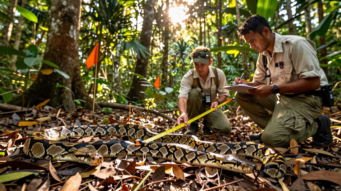 Dois pesquisadores medem e anotam dados de uma grande jiboia no chão da floresta amazônica.