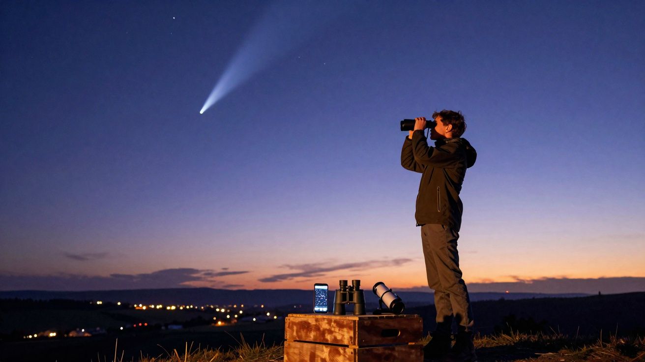 Pessoa observando com binóculos um cometa brilhante no céu ao anoitecer, com equipamento sobre caixa de madeira.