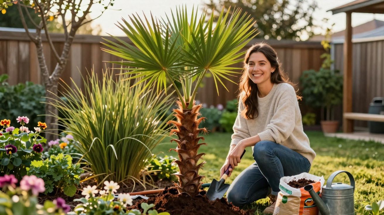 Mulher sorridente ajoelhada plantando palmeira em jardim florido ao entardecer.