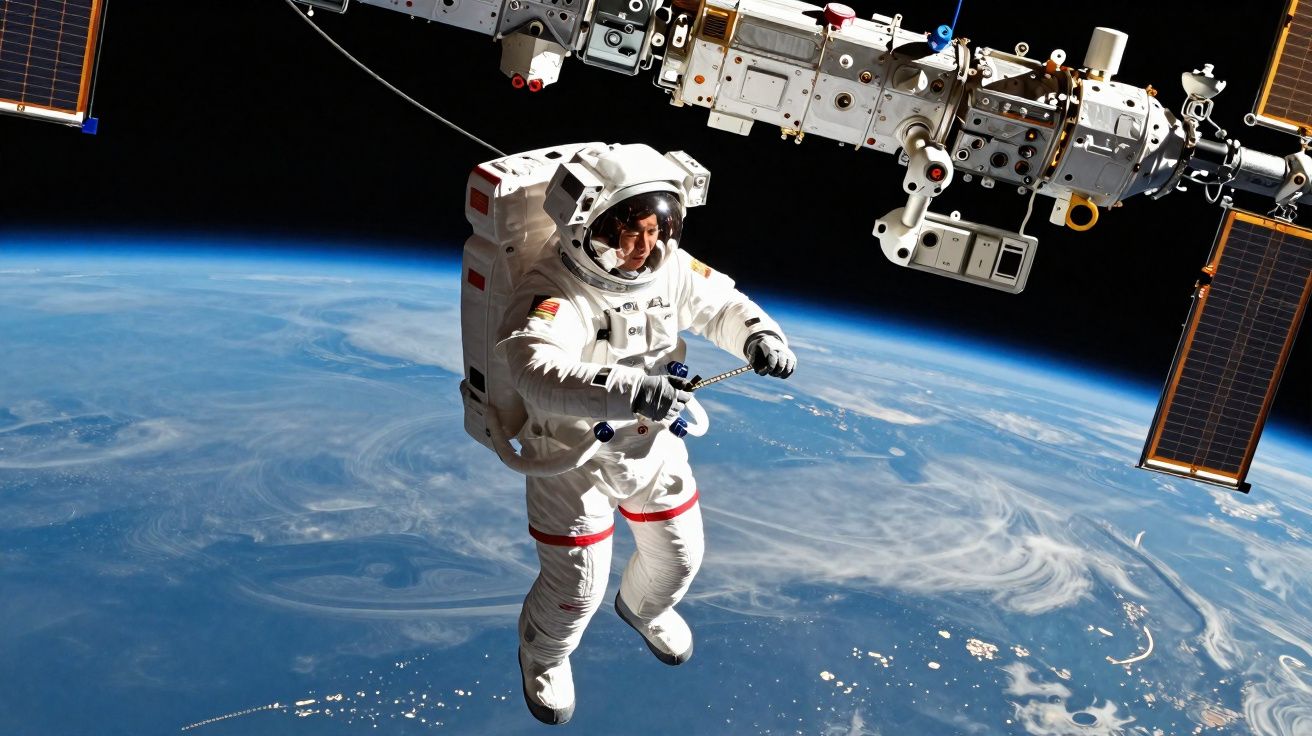 Astronauta em traje espacial realizando atividade fora da estação espacial com a Terra ao fundo.