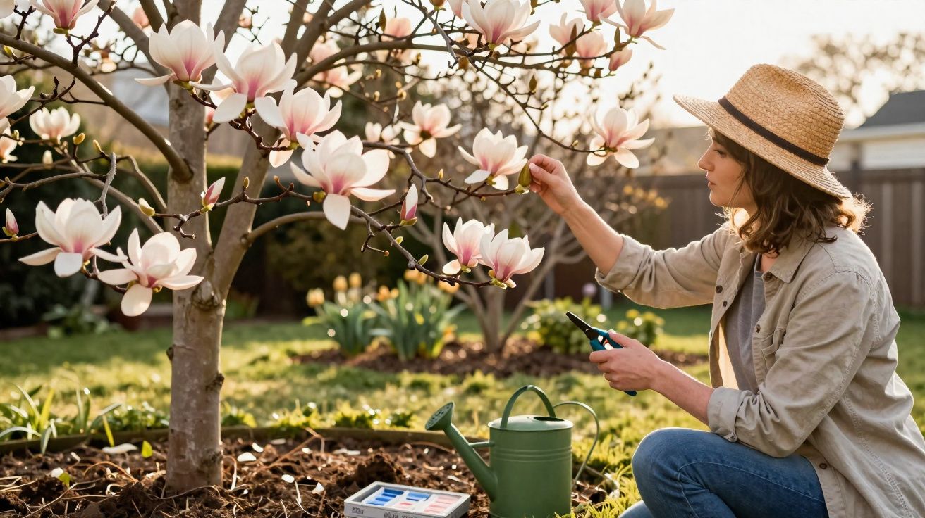 Mulher cuidando de flores de magnólia em árvore no jardim durante o dia, com regador ao lado.