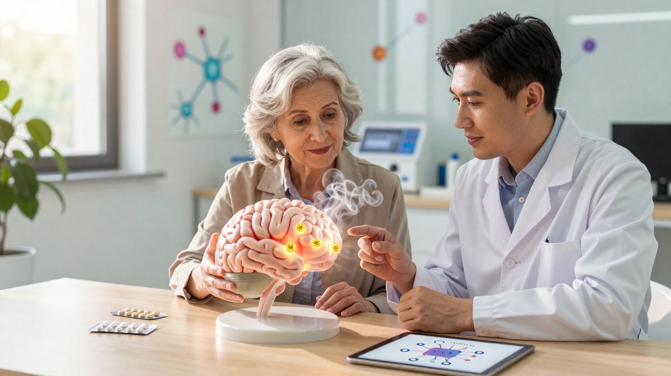 Médico explicando para idosa sobre cérebro em modelo 3D com áreas destacadas e fumaça.