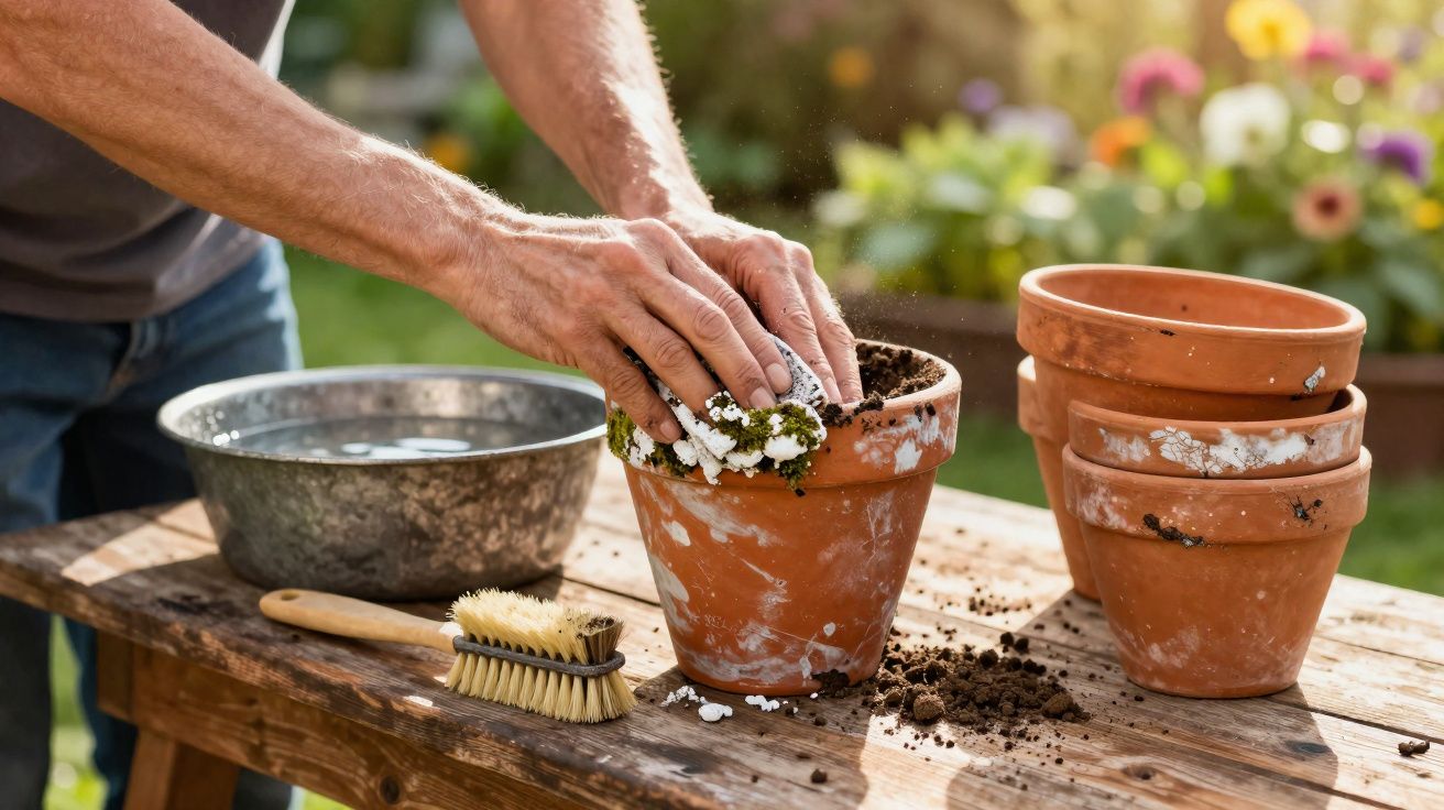 Mãos limpando vaso de barro com esponja em mesa de madeira ao ar livre, com terra e vasos empilhados.