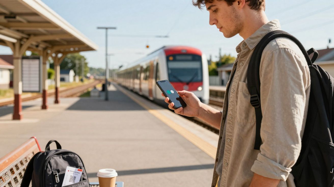 Jovem com mochila verifica celular na plataforma enquanto trem se aproxima ao fundo em estação.