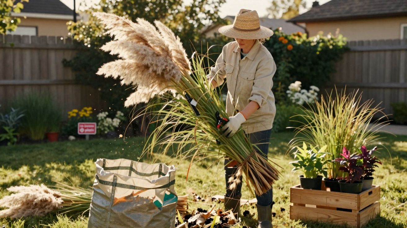 Pessoa arrumando grandes tufos de capim-dos-pampas em jardim ensolarado, usando chapéu e luvas de jardinagem.