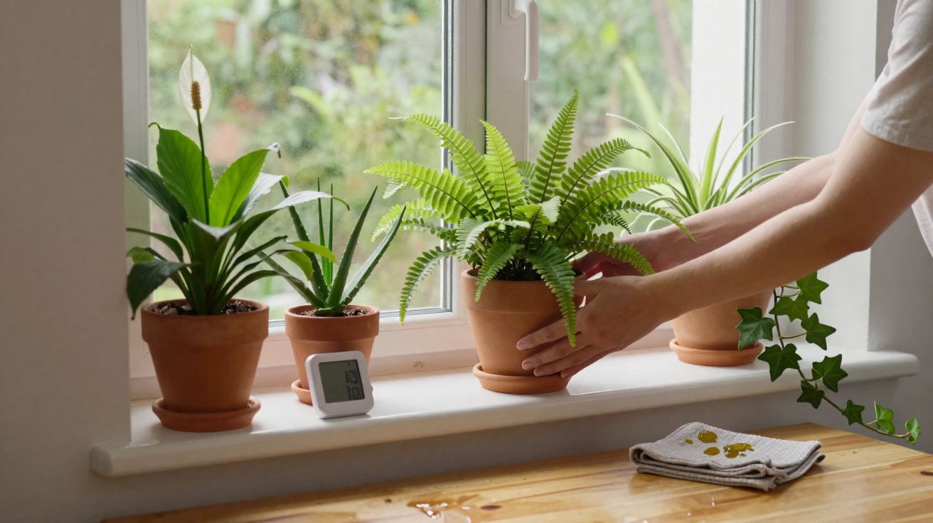 Pessoa cuidando de plantas em vasos na janela com toalha e medidor de temperatura no parapeito.