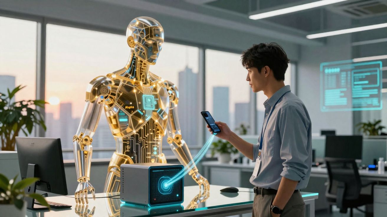 Homem interage com robô dourado transparente em escritório moderno ao pôr do sol.