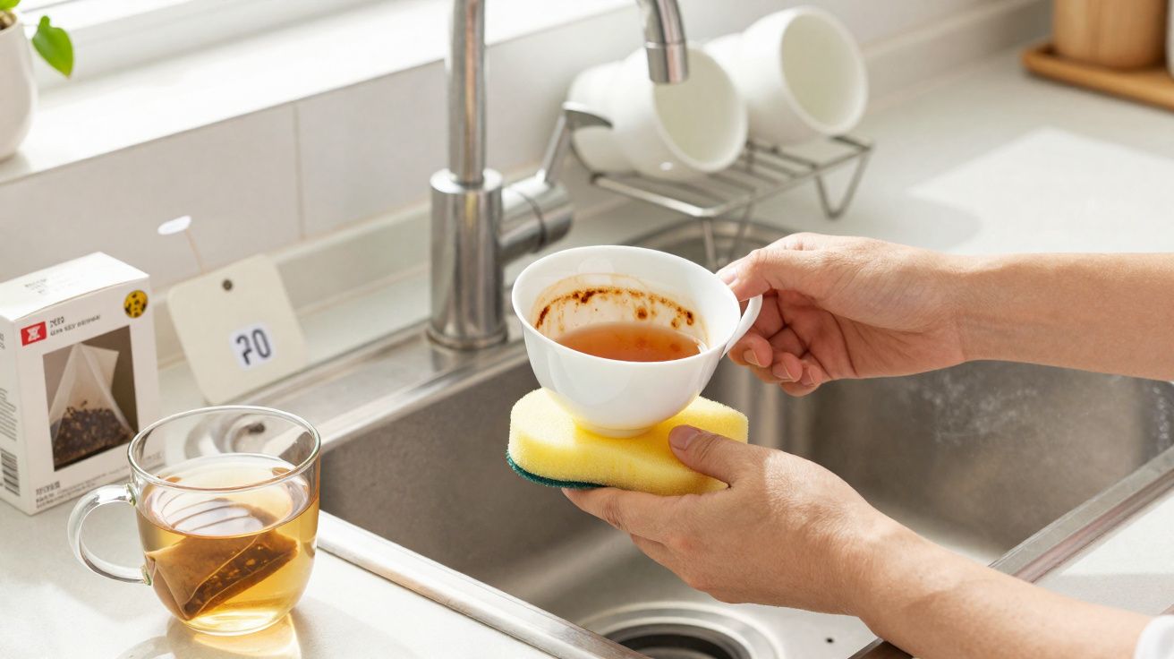 Mãos lavando uma xícara com restos de molho vermelho na pia da cozinha com outras xícaras e chá ao redor.