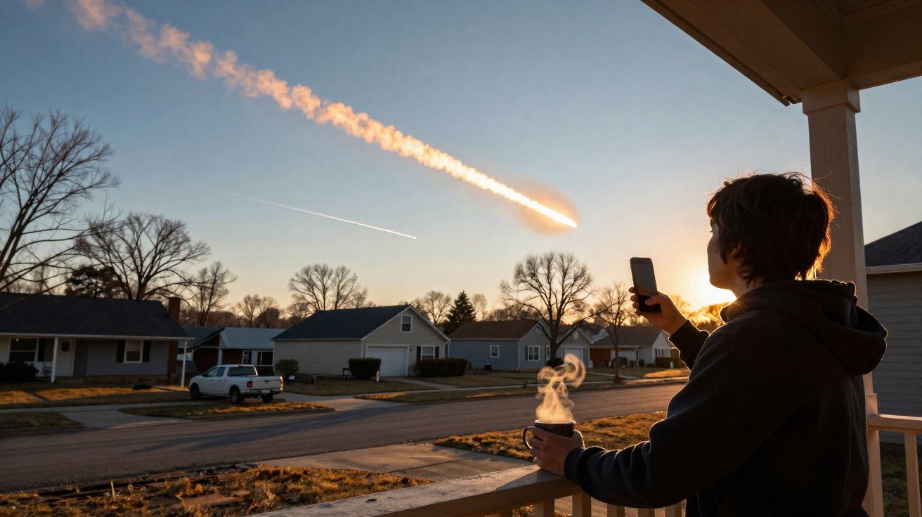 Pessoa na varanda fotografa meteoro brilhante cruzando o céu ao pôr do sol em bairro residencial.