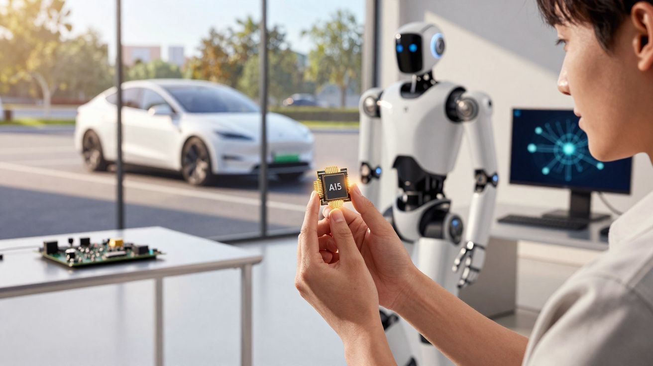 Pessoa segurando chip AI5 em laboratório com robô branco ao fundo e carro elétrico estacionado do lado de fora.