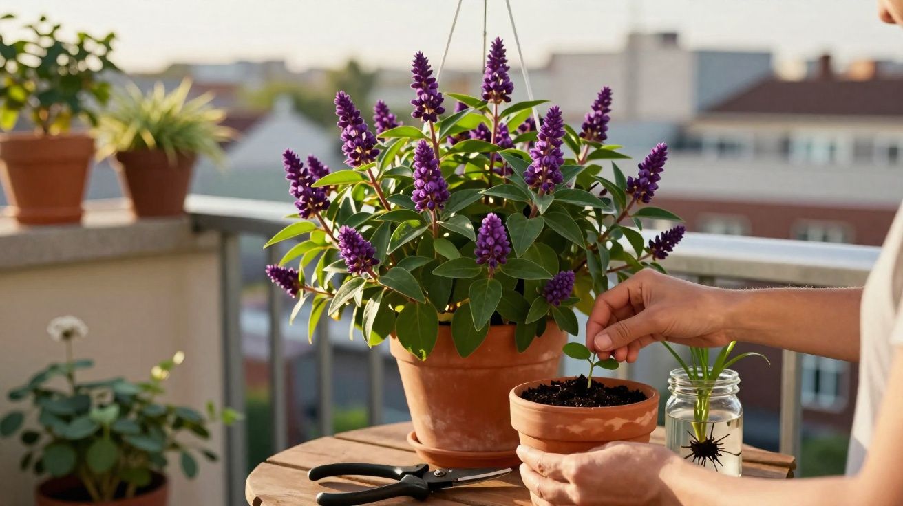 Pessoa cuidando de plantas em vasos em varanda com flores roxas e ferramentas de jardinagem sobre mesa de madeira.