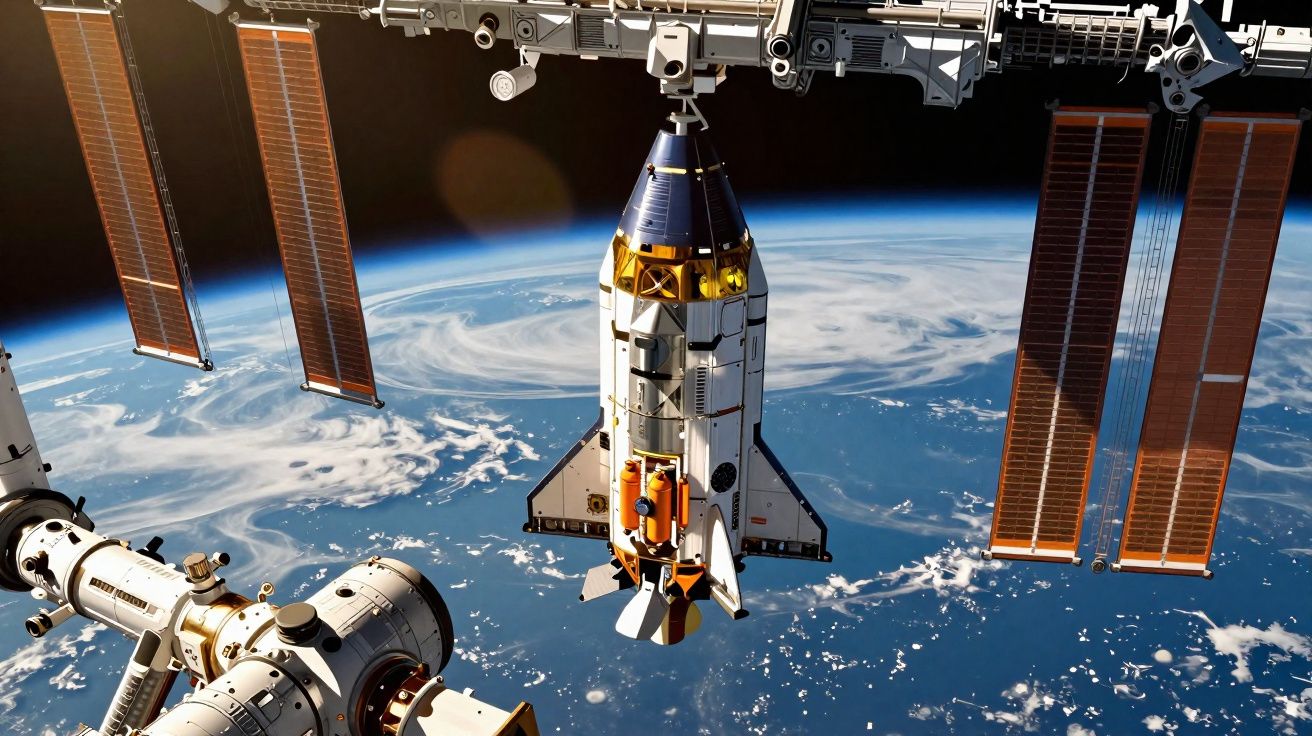 Nave espacial conectada à Estação Espacial Internacional em órbita acima da Terra com painéis solares visíveis.