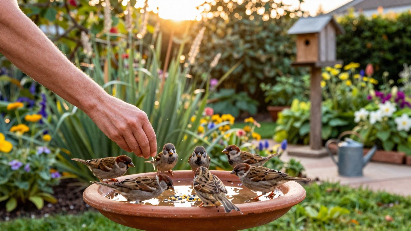 Mão humana alimenta pardais em bebedouro de cerâmica em jardim com flores e luz do sol ao fundo.