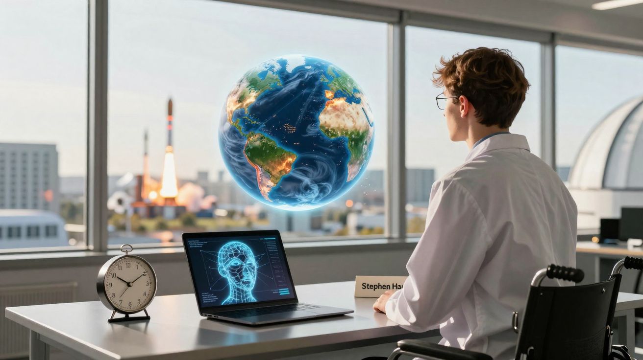 Jovem cientista observa holograma 3D da Terra em laboratório com foguete ao fundo.