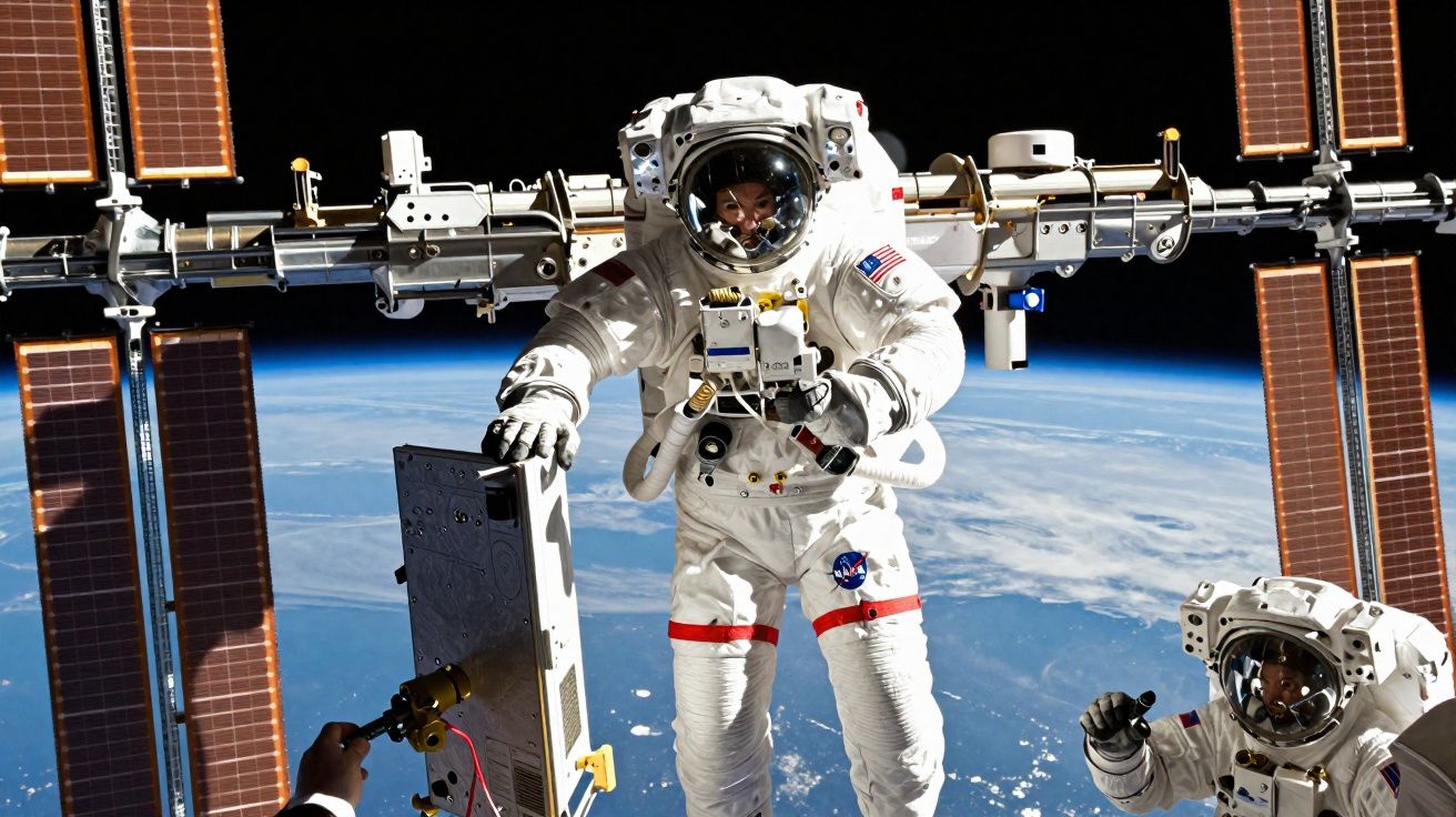 Astronautas realizando atividade extraveicular na Estação Espacial Internacional com a Terra ao fundo.