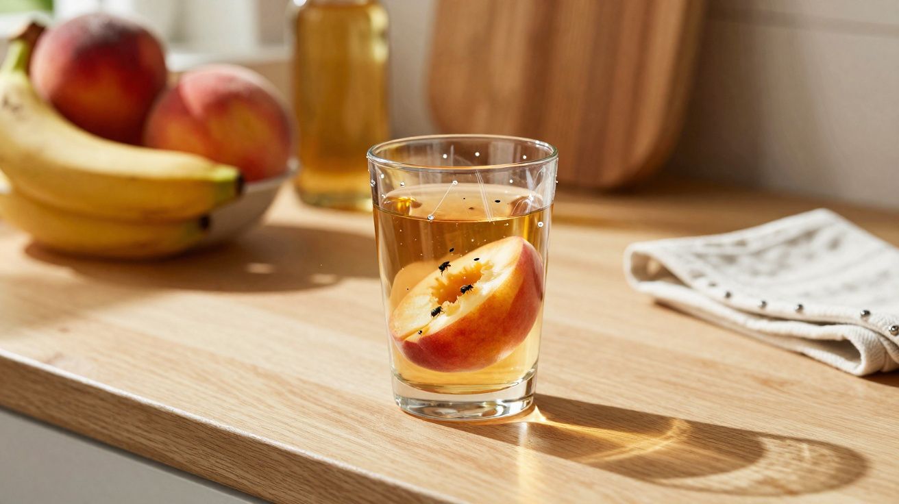 Copo com bebida clara e fatia de pêssego sobre bancada de madeira em cozinha iluminada.