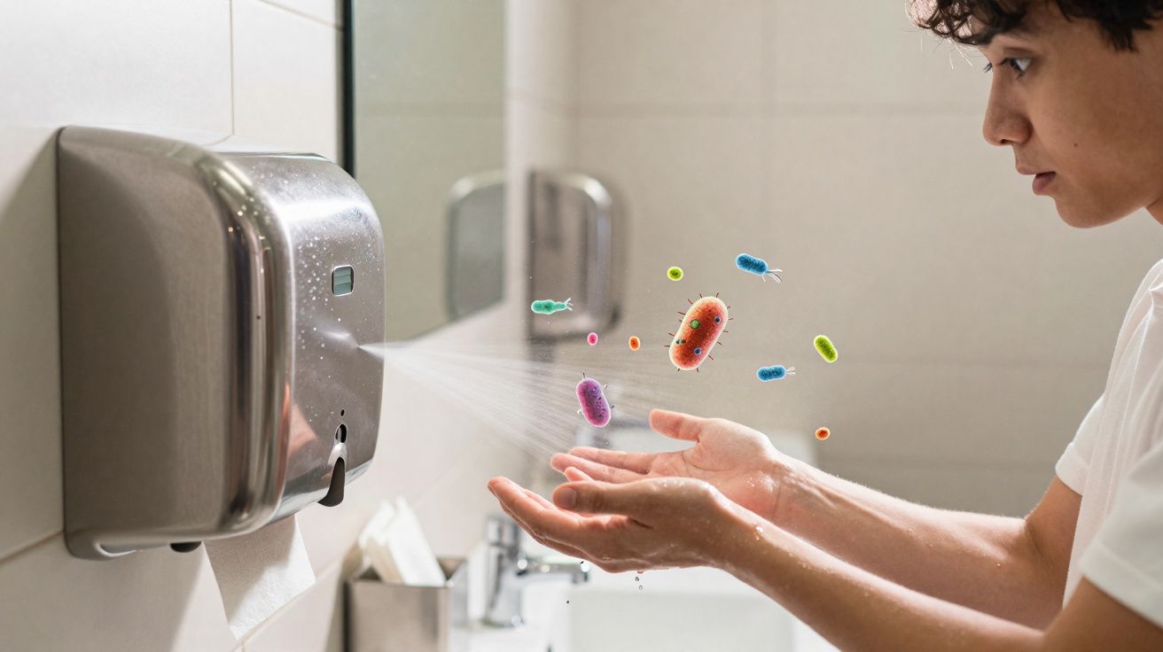 Pessoa usando secador automático de mãos com ilustração de bactérias coloridas viscosas suspensas no ar.