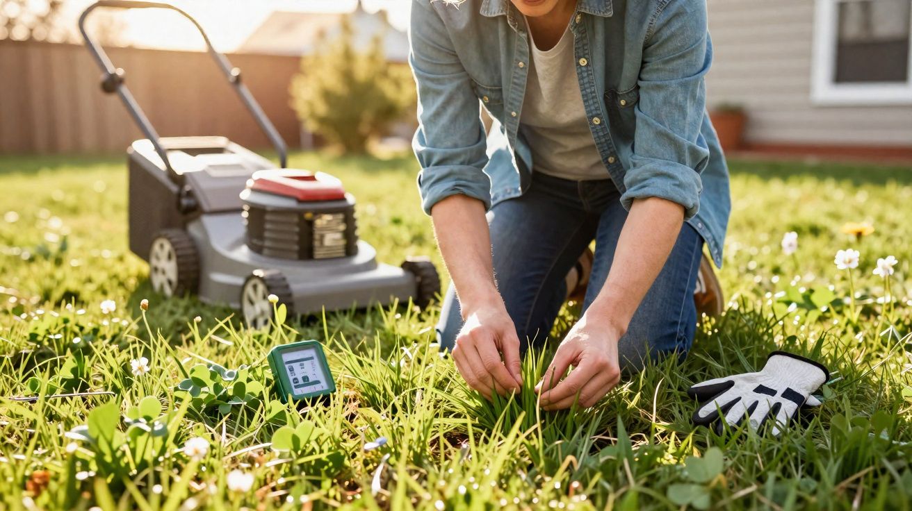Pessoa ajoelhada cuidando do jardim ao ar livre com cortador de grama e luvas ao lado.