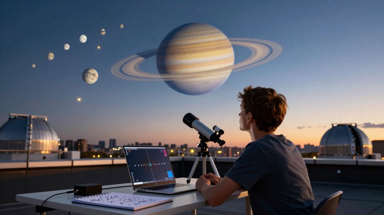Jovem observa planetas e luas com telescópio em terraço ao entardecer, cenário urbano ao fundo.