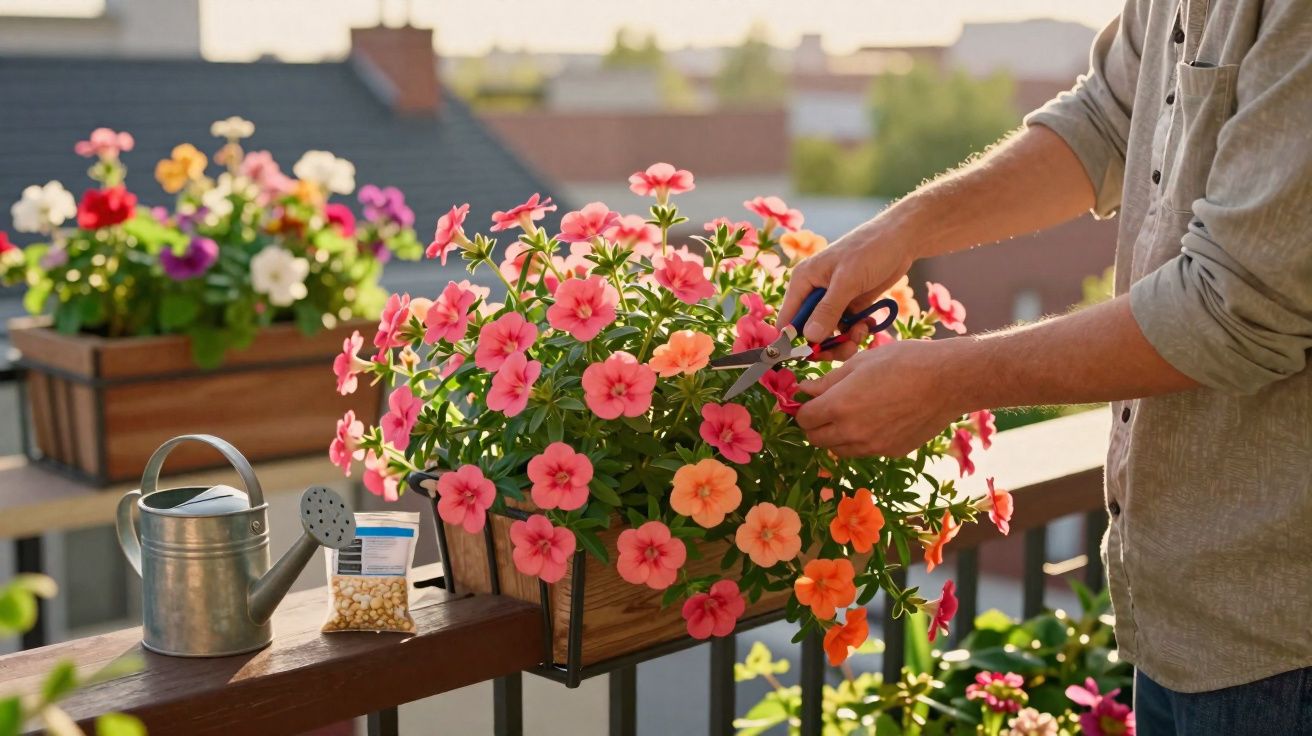 Pessoa podando flores cor-de-rosa em vaso de madeira na varanda durante o dia ensolarado.