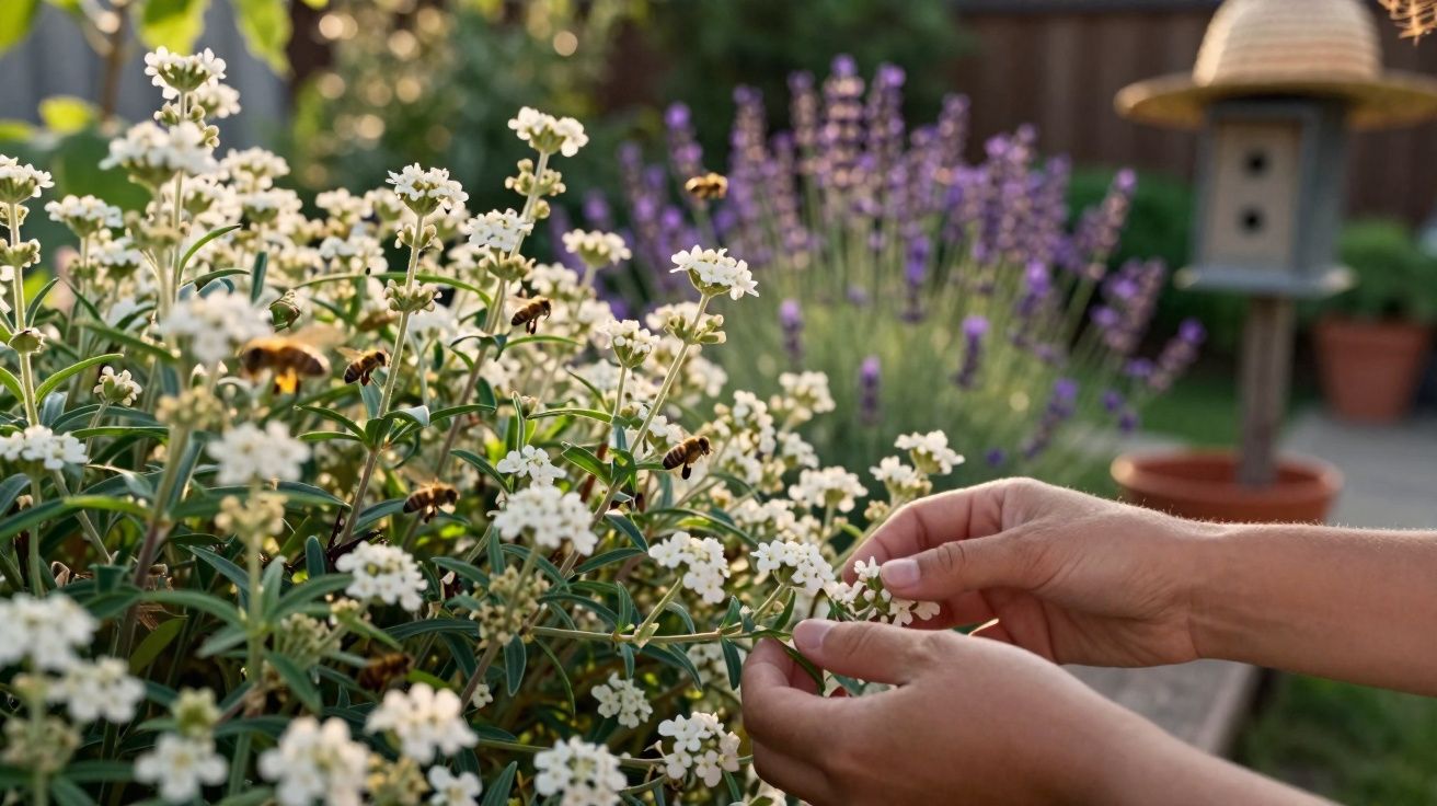 Mãos cuidando de flores brancas com abelhas, plantas roxas e um comedouro desfocado ao fundo em jardim.