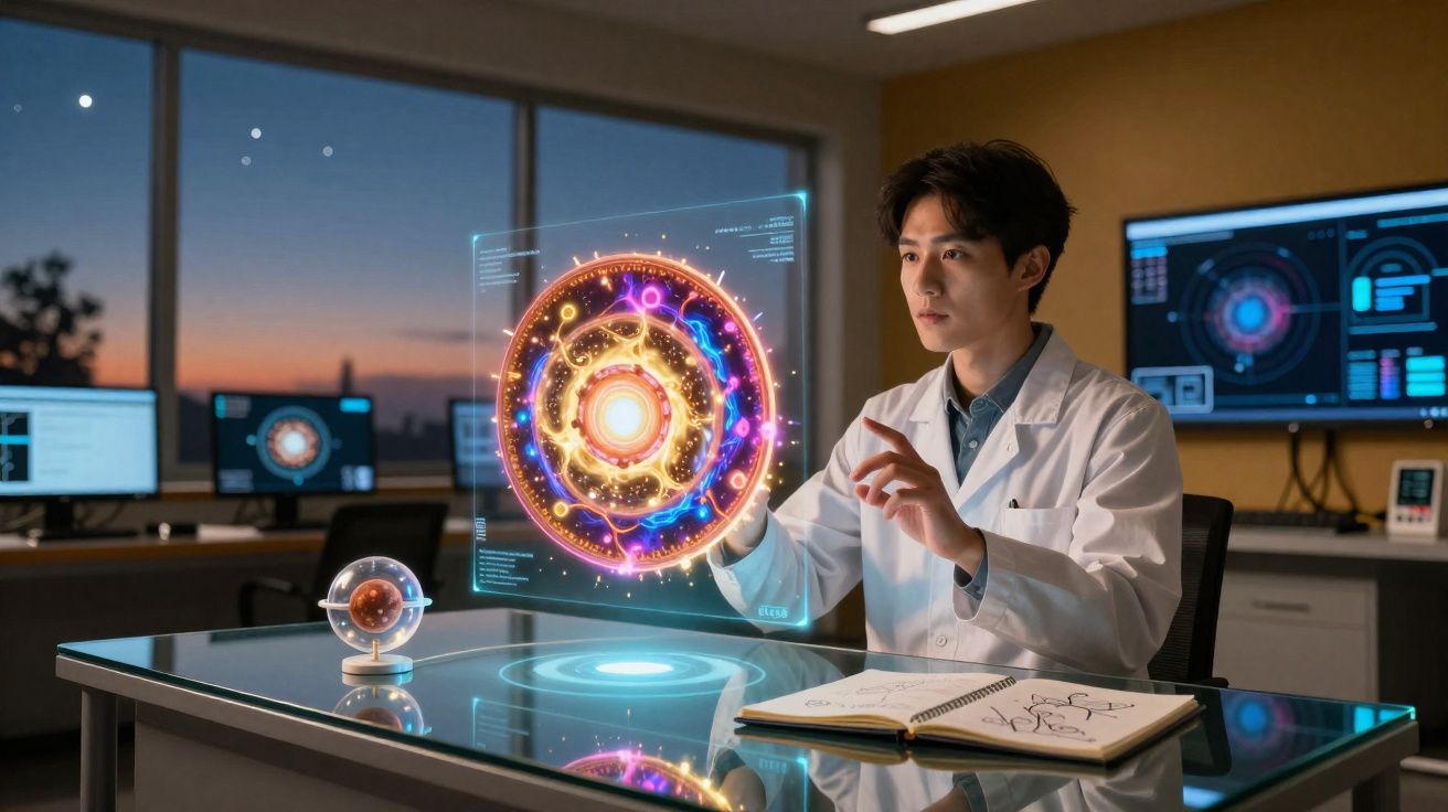 Cientista analisando modelo holográfico futurista de núcleo atômico em laboratório moderno.