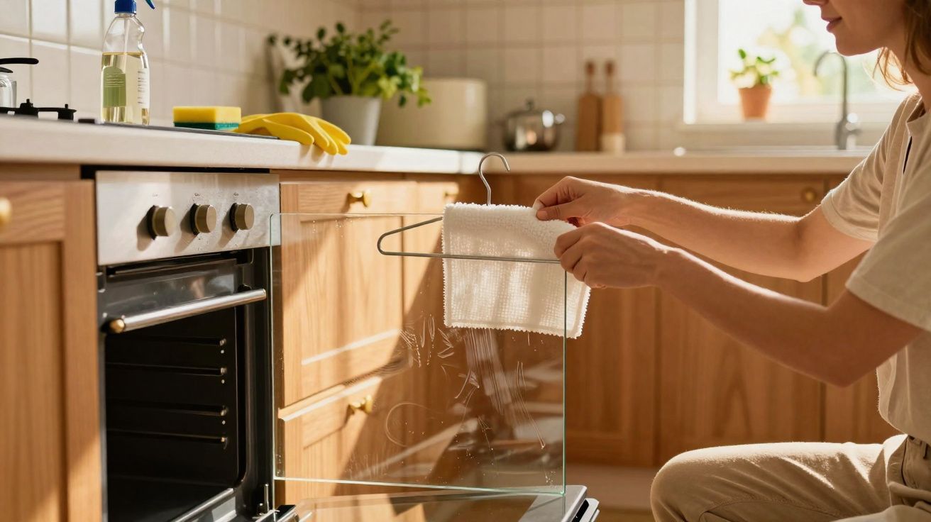 Pessoa limpando a porta de vidro de um forno em uma cozinha com armários de madeira clara.