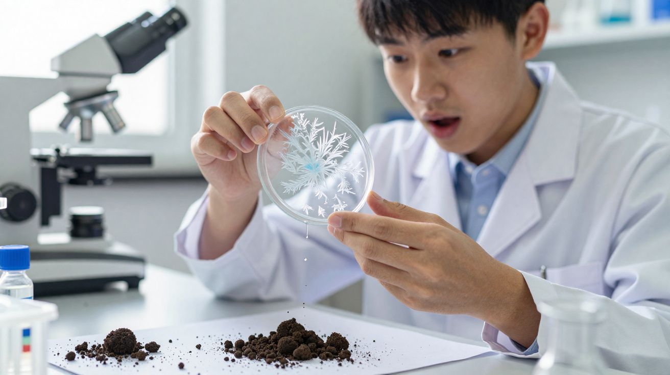 Cientista em jaleco examinando cultura em placa de Petri e terra sobre mesa de laboratório branco.