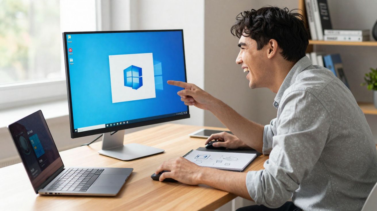 Homem sorridente usando computador desktop com logo do Windows na tela e notebook ao lado em mesa de madeira.