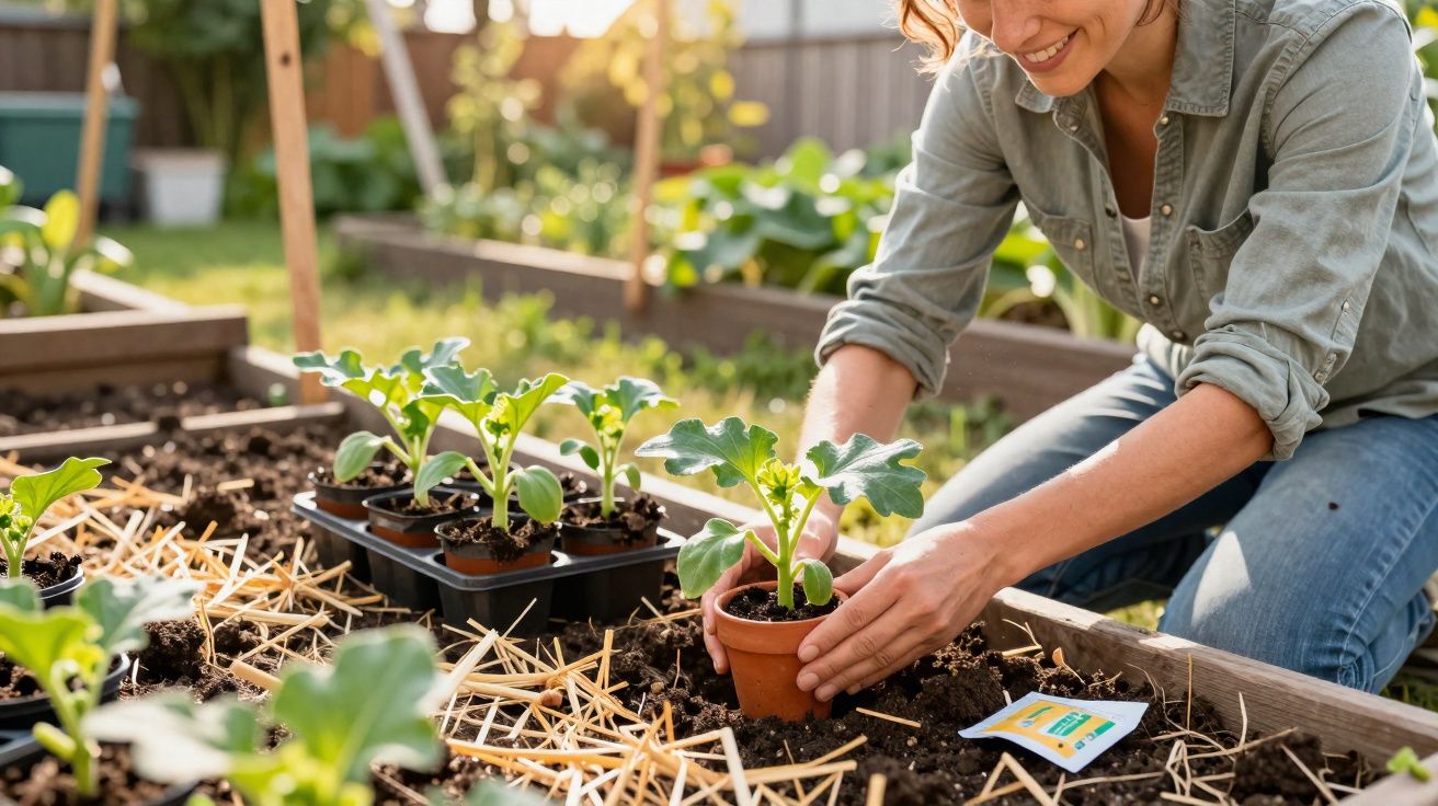 Mulher sorridente plantando muda em vaso no jardim, com outras mudas ao redor enterradas em canteiro.