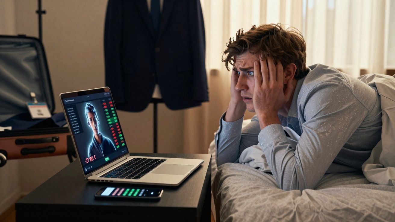 Homem preocupado olhando para tela de laptop com números e imagem de outra pessoa, em quarto.