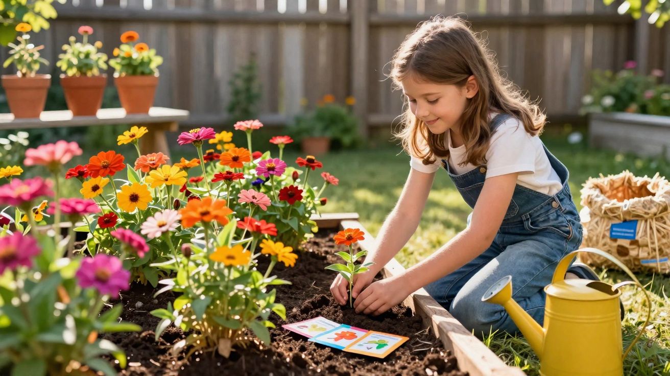 Garota sorridente cuidando de flores coloridas em canteiro de jardim ensolarado.