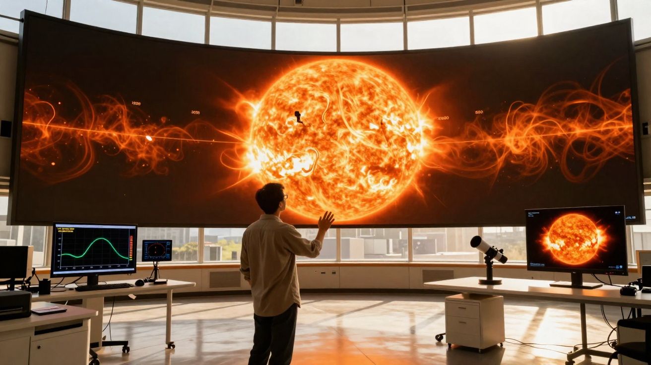 Pessoa interagindo com imagem digital gigante do sol em laboratório de tecnologia científica.