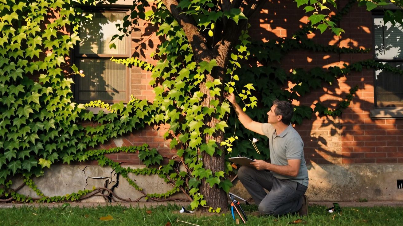 Homem examinando planta trepadeira em árvore ao lado de parede com vinhas verdes.
