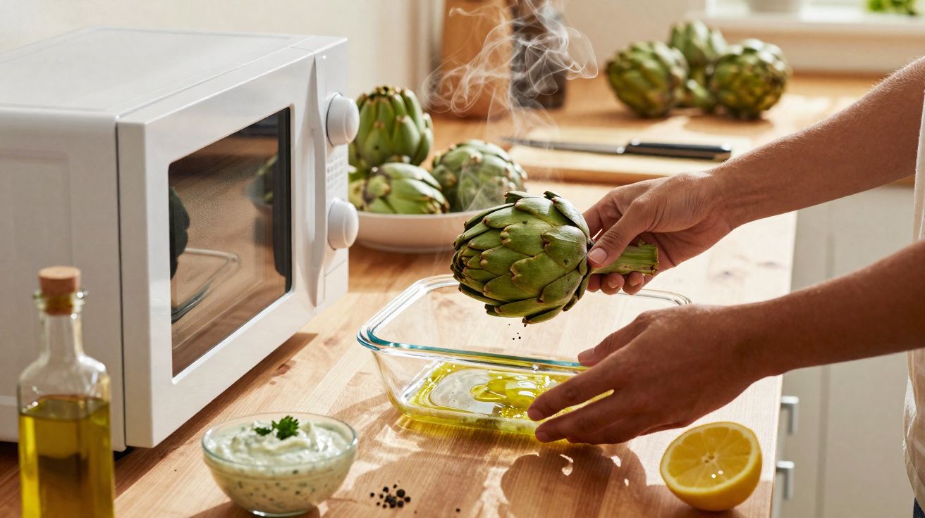 Mãos temperando alcachofra com azeite em tigela de vidro em bancada de cozinha com micro-ondas ao fundo.