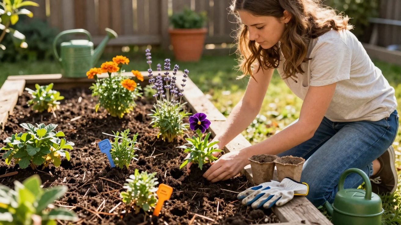 Mulher plantando flores coloridas em canteiro de jardim, com regador e luvas ao lado.