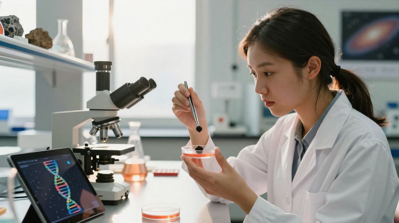 Mulher cientista usando jaleco observa amostra com pinça em laboratório moderno com microscópio e tela de DNA.