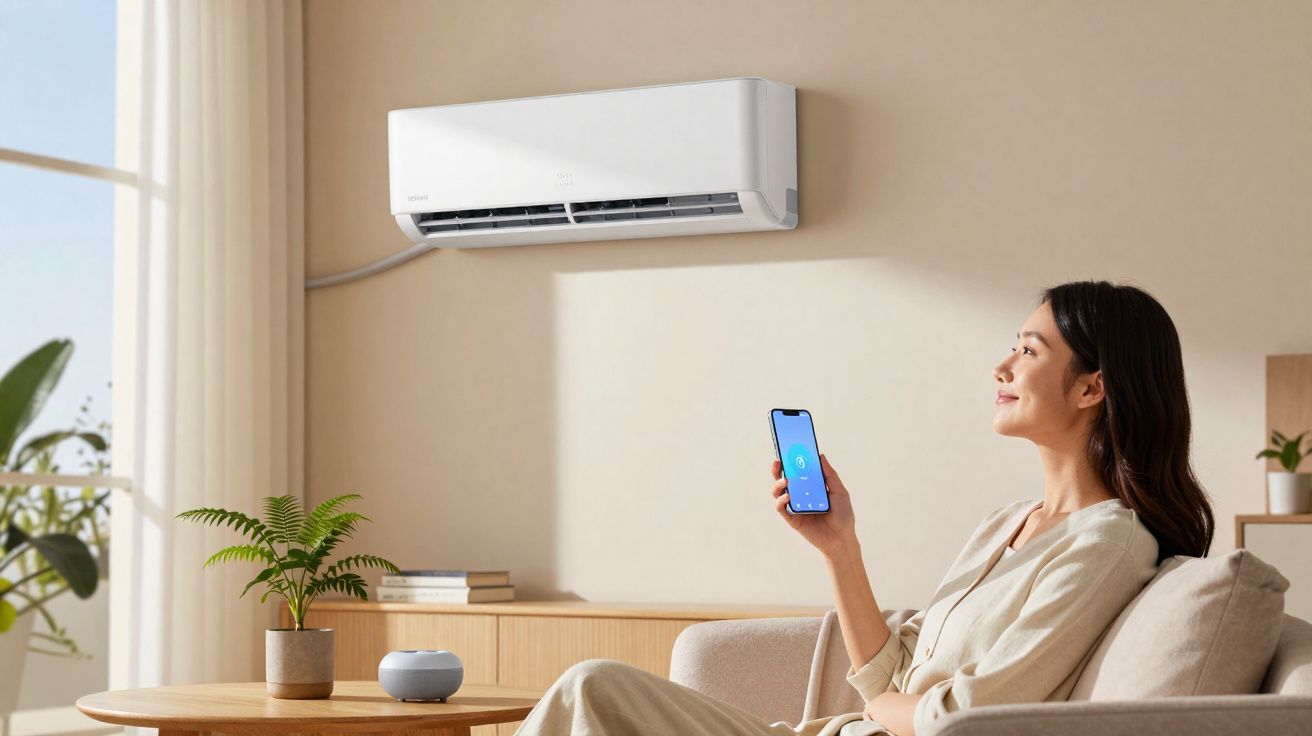 Mulher sentada no sofá controlando ar-condicionado com smartphone em sala iluminada e decorada.